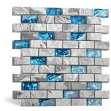Blujellyfish 1"x2" Subway Mosaic Tile Teal Blue Glass Grey Marble Tile for Wall Backsplash TSTNB03