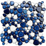 Pebble Ceramic Tiles Heart-Shaped 12x12 Floor Tile Ceramic, Dark Blue Mosaic Tiles Mesh Mounted, Waterproof Porcelain Tile Decorative for Kitchen Bath Backsplash Shower Floor Pool【Pack of 5 Sheets】