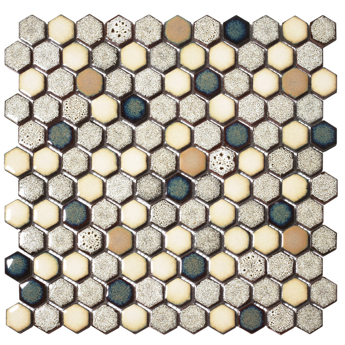 Primoon Hexagon Ceramic Mosaic Tiles 5 Sheets, 12x12 Inch Waterproof Kitchen Tile Backsplash, Beige Brown Glazed Ceramic Tiles Mesh Mounted, Porcelain Tile for Bathroom Wall Backsplash Shower Floor HXT4