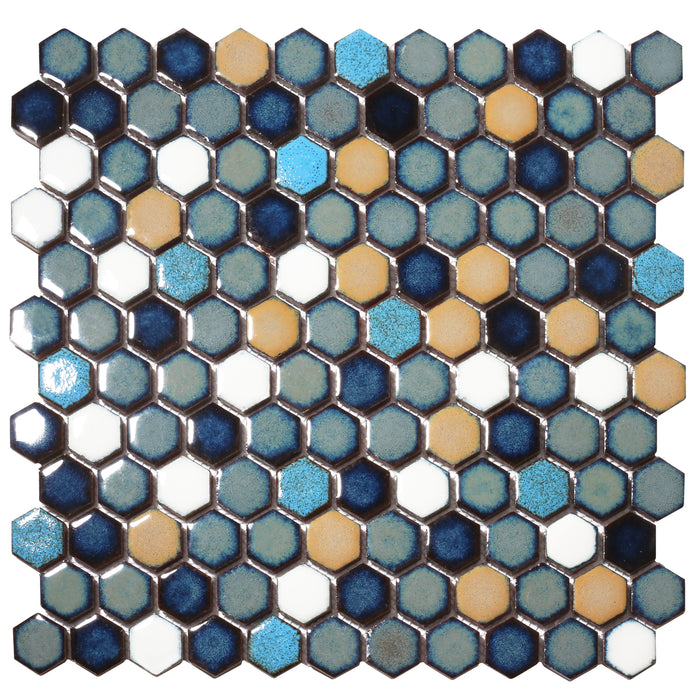 Primoon Hexagon Ceramic Mosaic Tiles, 5 Sheets Cobalt Blue Teal Glazed Aqua Mosaic Tile Sheets Mesh Mounted, Glazed Porcelain Tile for Shower Floor Kitchen Bathroom Accent Wall Backsplash HXT3