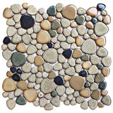 Pebble Stone Mosaic Tiles, Beige Tan Brown Ceramic Mosaic Sheets Mesh Mounted, Glazed Porcelain Tile for Shower Floor Kitchen Bathroom Accent Wall 【Pack of 5 Sheets】