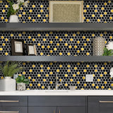 Blujellyfish Black and Gold Backsplash Wall Tiles Hexagon Mosaic Shower Floor Tile Kitchen Bathroom Tile 【Pack of 5 Sheets】