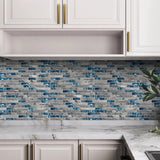 Gray Marble Tile for Kitchen Backsplash Teal Blue Interlocking Glass Mosaic Bathroom Shower Wall Backsplash【Pack of 5 Sheets】