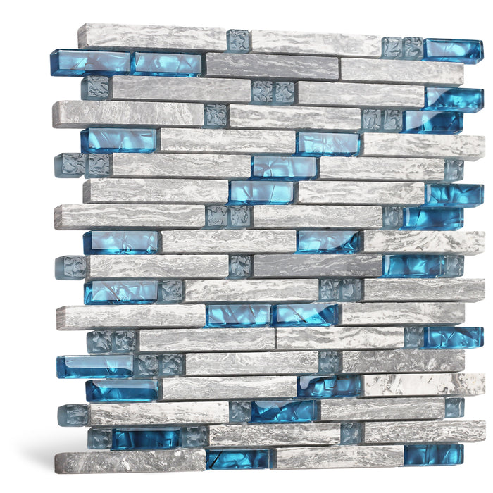 Stone Mixed Glass Kitchen Backsplash Linear Mosaic Tile Polished Gray &  Teal Blue Bath Shower Wall Decor Narutal Marble Interlocking Pattern Art