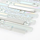 Blujellyfish Glass Metal Tile Iridescent White Glass Silver Chrome Stainless Steel Interlocking Mosaic TSTNB01