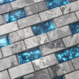 Blujellyfish 1"x2" Subway Mosaic Tile Teal Blue Glass Grey Marble Tile for Wall Backsplash TSTNB03