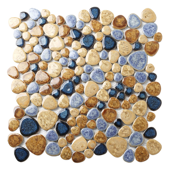 Porcelain Pebbles Art Fambe Mosaic Blue Glazed Ceramic Tiles Bath Floor【Pack of 5 Sheets】
