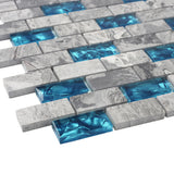 Blujellyfish 1"x2" Subway Mosaic Tile Teal Blue Glass Grey Marble Tile for Wall Backsplash TSTNB03