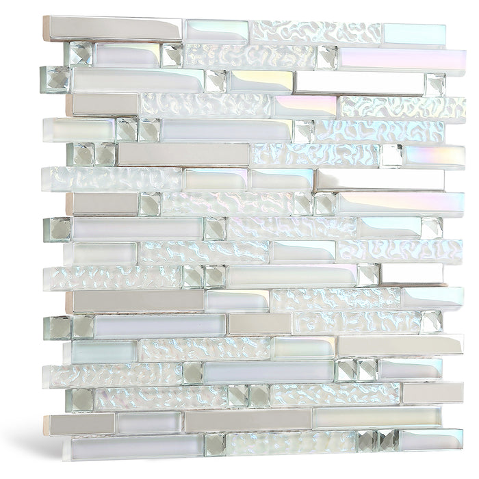 Blujellyfish Glass Metal Tile Iridescent White Glass Silver Chrome Stainless Steel Interlocking Mosaic TSTNB01