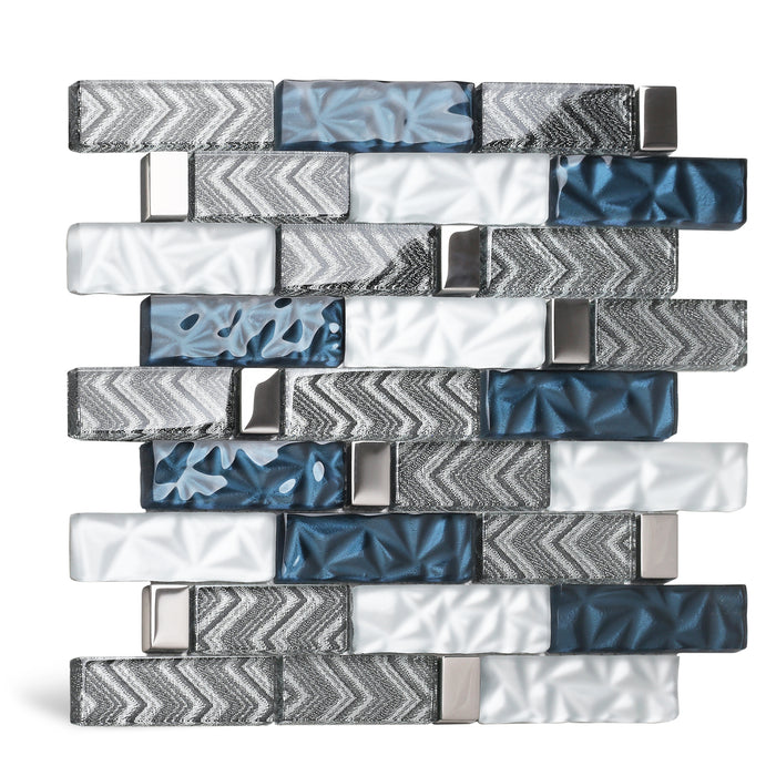 Blujellyfish Subway Glass Backsplash Tile Blue Silver White Mosaic Sheet Mesh Mounted Metallic Textured Interlocking 3D Tile for Kitchen Bathroom Walls NB35B (Pack of 5 Sheets)
