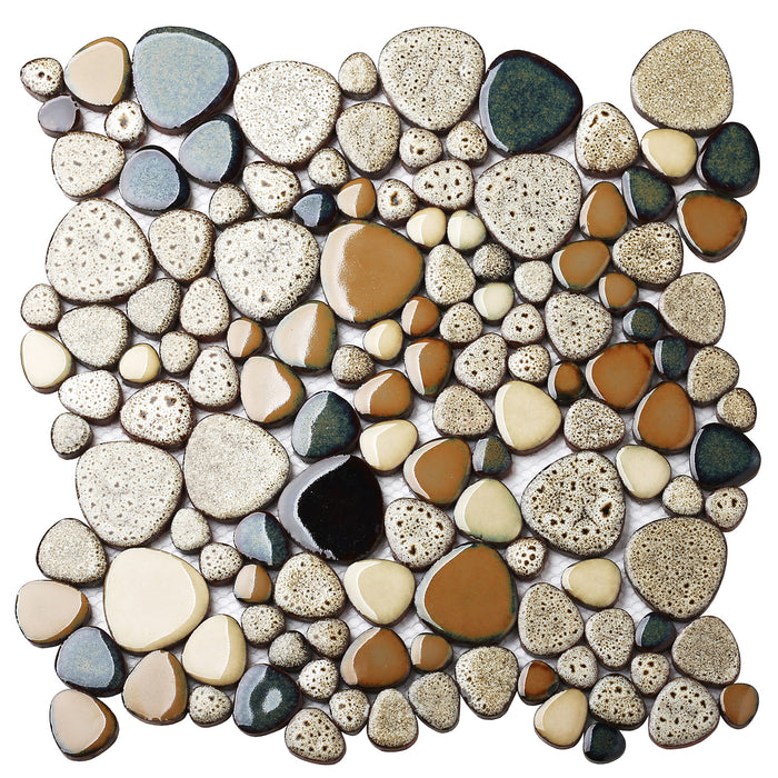 Primoon Pebble Stone Mosaic Tiles 5 Sheets, Beige Tan Brown Ceramic Mosaic  Sheets Mesh Mounted 12x12, Glazed Porcelain Tile for Shower Floor Kitchen