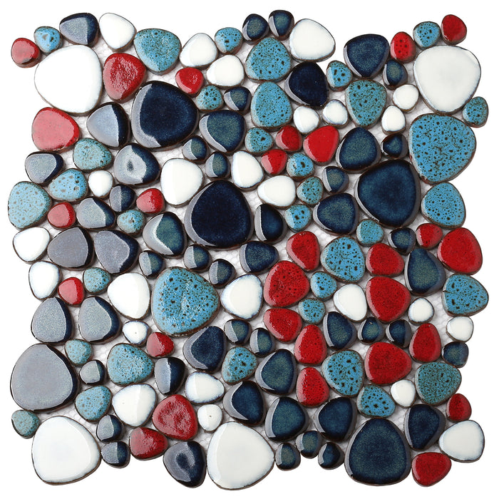 Parrotile Macaw Red White Blue Pebbles for Shower Floor Accent Tile Box of 5 Sheets PT88
