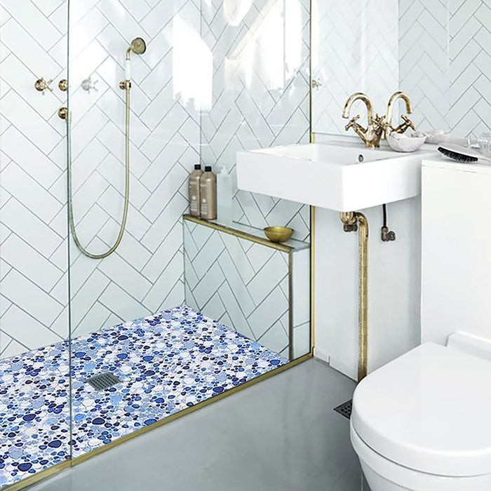 Pebble Tiles for Bathroom Shower Floor Blue White Porcelain Pebble