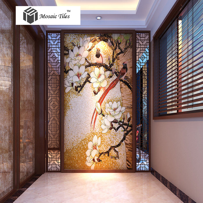 TST Mosaic Murals Long Tail Lucky Birds & Flowers Unique Design Customized Mosaic Picture