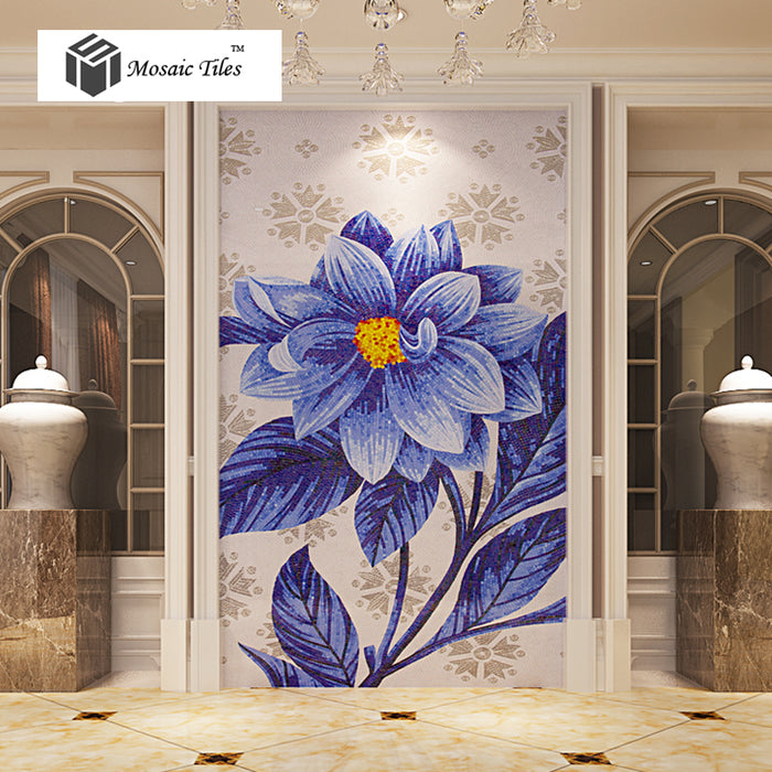 TST Mosaic Mural Jade Glass Sea Blue Big Flower Home Hotel Interior Deco