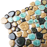 Porcelain Pebbles Beautiful Fambe Bathroom Floor Turquoise Beige Mosaic Tiles Wall Deco【Pack of 5 Sheets】