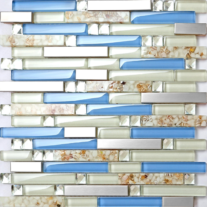 TST Glass Inner Conch Tile Blue Cream White Brushed Steel Art Mosaic Bath Decor TSTNB06