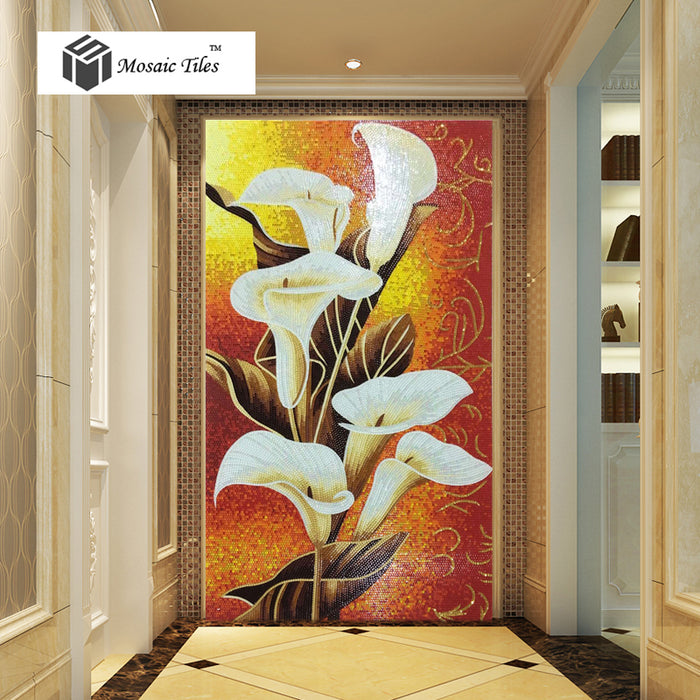 TST Mosaic Mural White Calla Lily Flower Parquet New Design Wall Deco