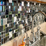 Blujellyfish Wall Backsplash Tile Black Glass Silver Metal Iridescent Vibrant Colors for Home Project Kitchen Bathroom Shower Accents Walls Decoration TSTMGB026